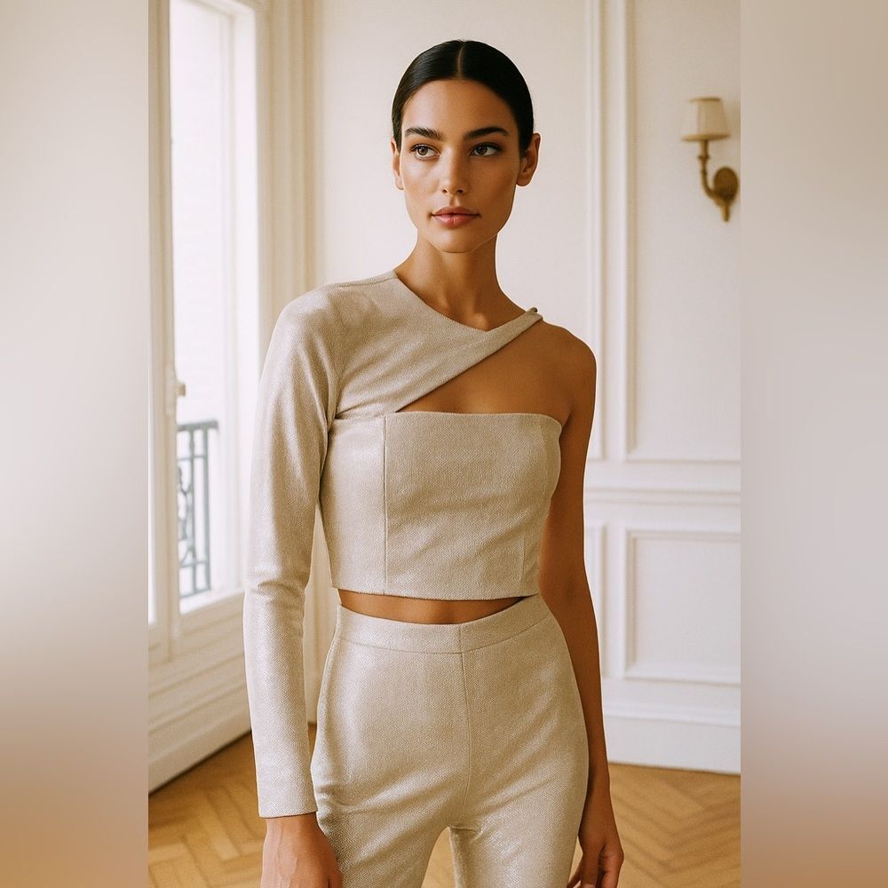 Hours One Shoulder Cut Out Details Shimmer Cropped Top in Champaigne M NWOT